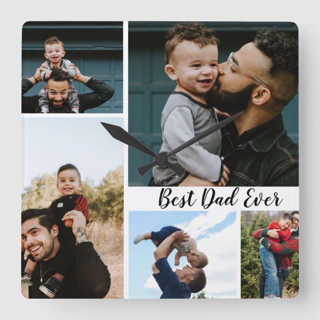 Personalised Best Dad Ever Photo Collage Square Wall Clock (Front)
