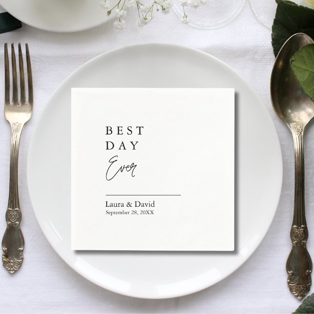 Personalised Best Day Ever Minimal Wedding Paper Napkin (Creator Uploaded)