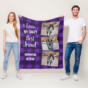 Personalised Best Friend Chic Purple Plaid 3 Photo Fleece Blanket