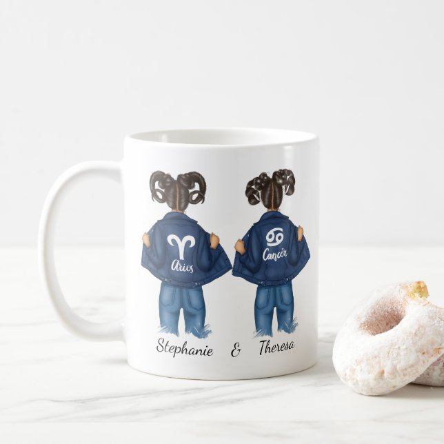 Personalised Best Friends Aries Cancer Girl Jean Coffee Mug (With Donut)