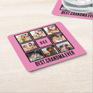 Personalised Best Grandma Ever 8 Photo Collage Square Paper Coaster