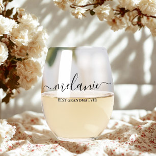 Personalised Best Grandma Ever Script Monogram Stemless Wine Glass