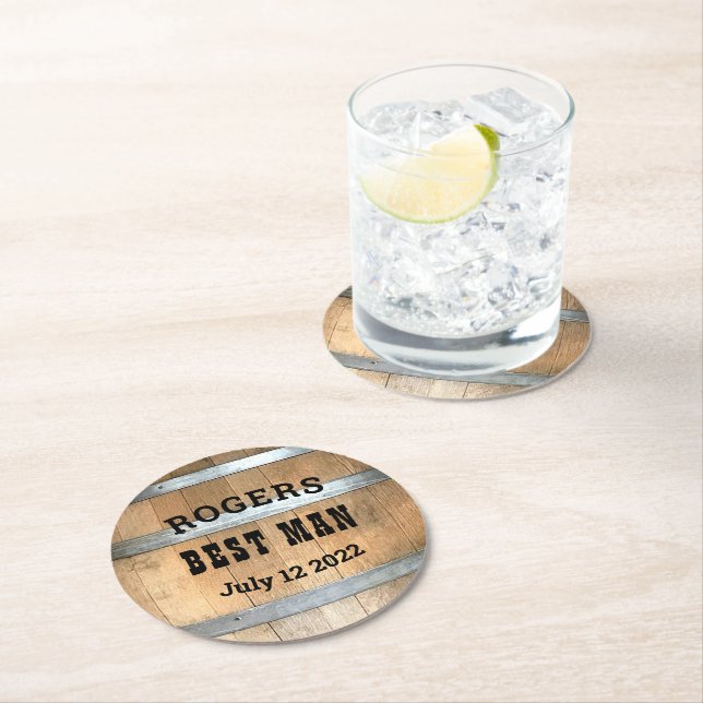 Personalised Best Man Whiskey Barrel Round Paper Coaster (Insitu)