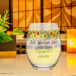 Personalised Best Meemaw Ever... Sunflower  Stemless Wine Glass