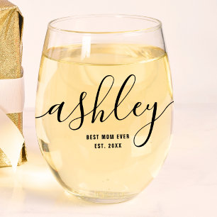 Personalised Best Mum Ever Script Monogram Name Stemless Wine Glass