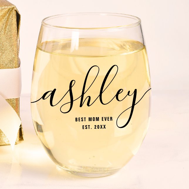 Personalised Best Mum Ever Script Monogram Name Stemless Wine Glass (Creator Uploaded)