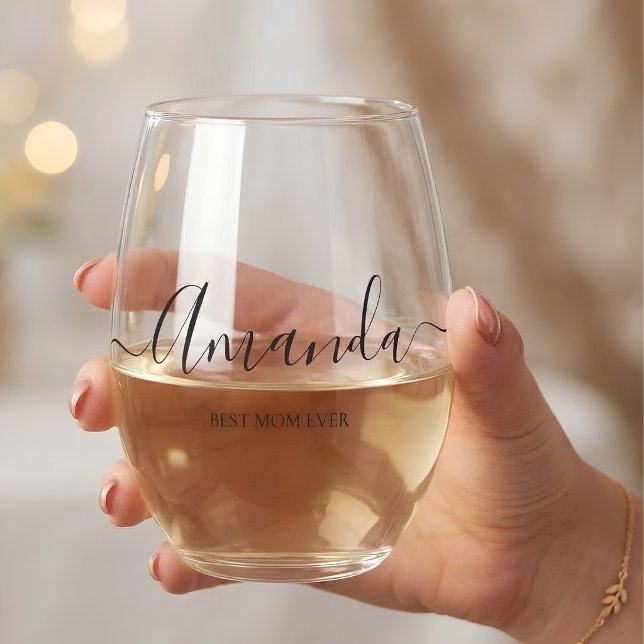 Personalised Best Mum Ever Script Monogram Stemles Stemless Wine Glass (Creator Uploaded)