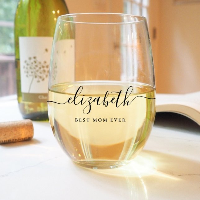 Personalised Best Mum Ever Script Monogram  Stemless Wine Glass (Creator Uploaded)