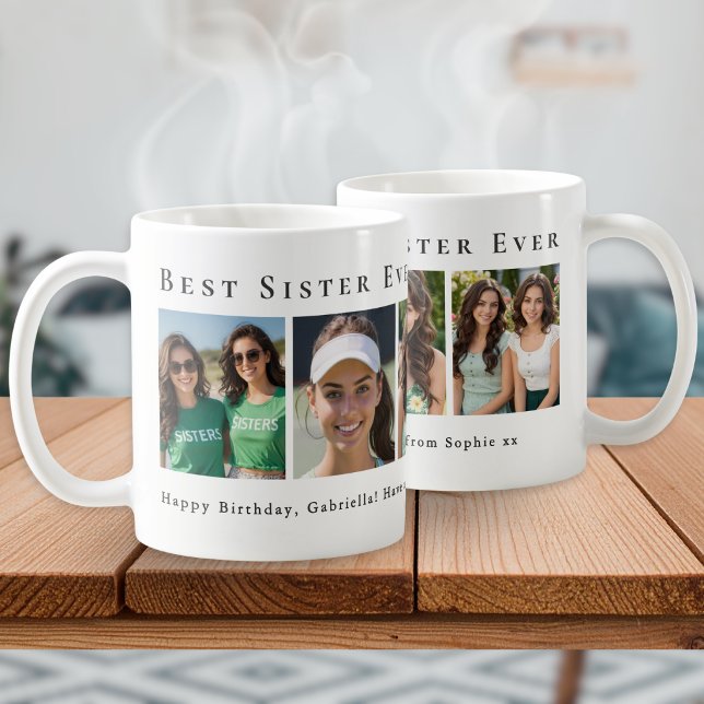Personalised Best Sister Ever 5 Photo Collage Coffee Mug (A coffee mug for the "Best Sister Ever", with a collage of 5 photos and personalized message )