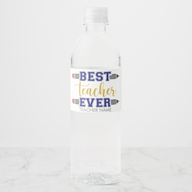 Personalised Best Teacher Ever - Customised Gift Water Bottle Label (Front)