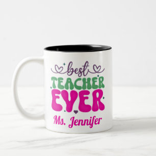 Personalised Best Teacher Ever pink green script  Two-Tone Coffee Mug