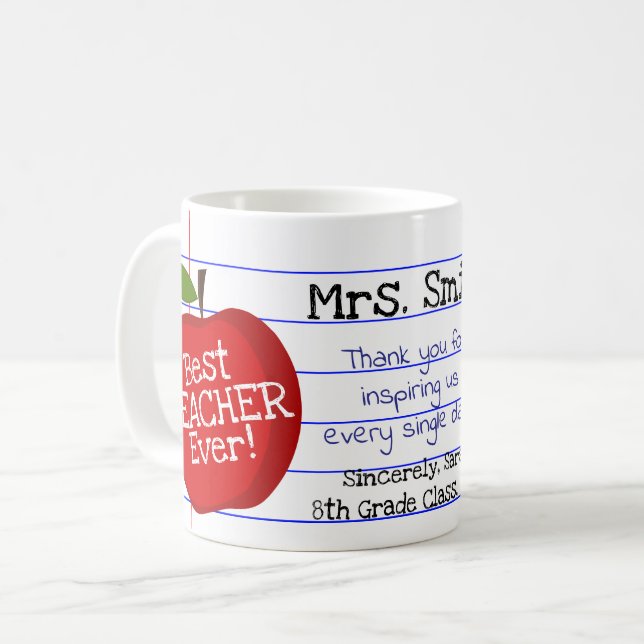 Personalised "Best Teacher Ever" w/ Custom Note Coffee Mug (Front Left)