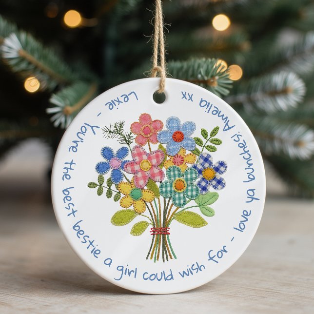 Personalised Bestie Patchwork Flowers Gift Ceramic Ornament (Creator Uploaded)
