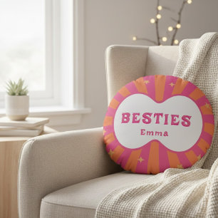 Personalised Besties Name Pink Orange Retro Round  Cushion
