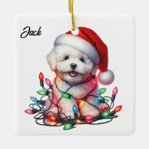 Personalised Bichon Frise Santa Hat Christmas Ceramic Ornament