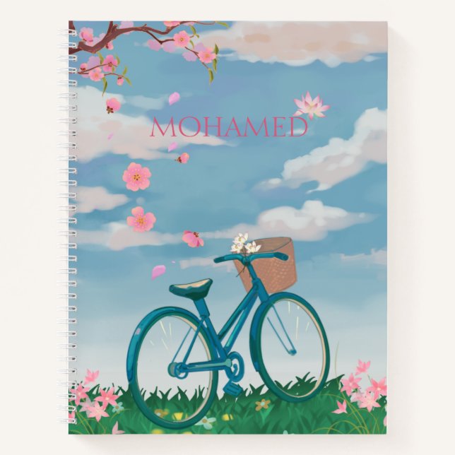 Personalised Bicycle & Cherry Blossom Notebook (Front)