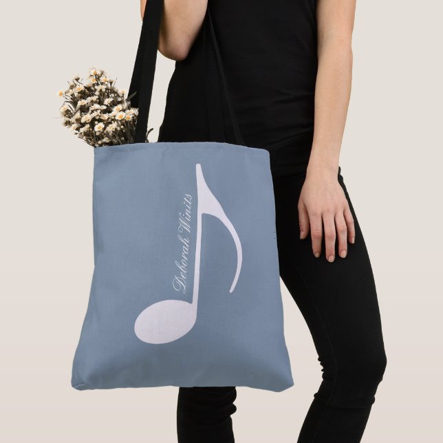 Personalised Big Musical Note on Dusty Blue Tote Bag (Close Up)
