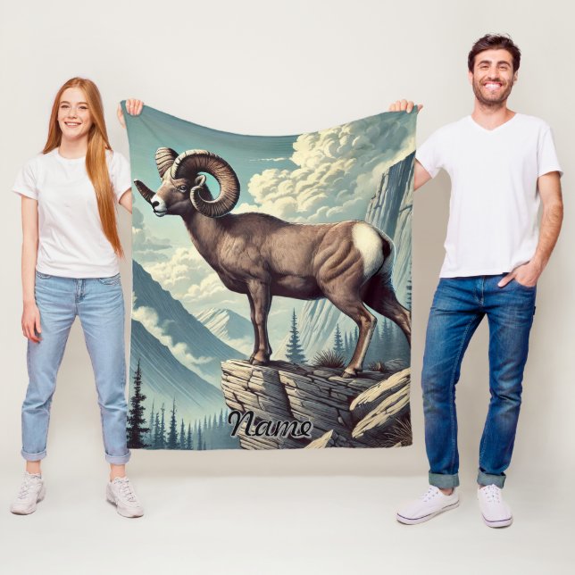 Personalised Bighorn Sheep on a Rocky Outcrop Fleece Blanket (In Situ)
