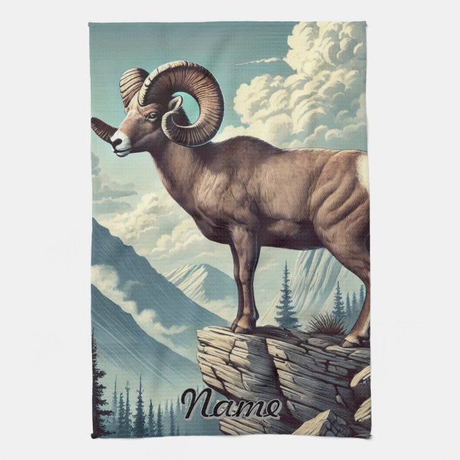 Personalised Bighorn Sheep on a Rocky Outcrop Tea Towel (Vertical)