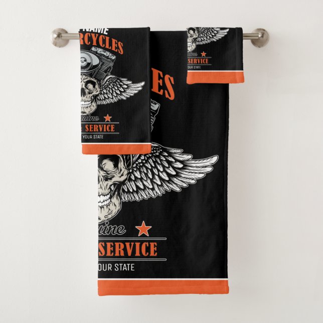 Personalised Biker Flying Skull Motorcycle Shop  Bath Towel Set (Insitu)