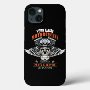 Personalised Biker Flying Skull Motorcycle Shop iPhone 13 Case