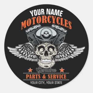 Personalised Biker Flying Skull Motorcycle Shop  Classic Round Sticker