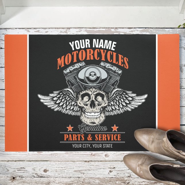 Personalised Biker Flying Skull Motorcycle Shop  Doormat (Creator Uploaded)