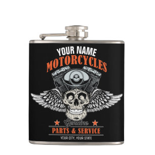 Personalised Biker Flying Skull Motorcycle Shop  Hip Flask