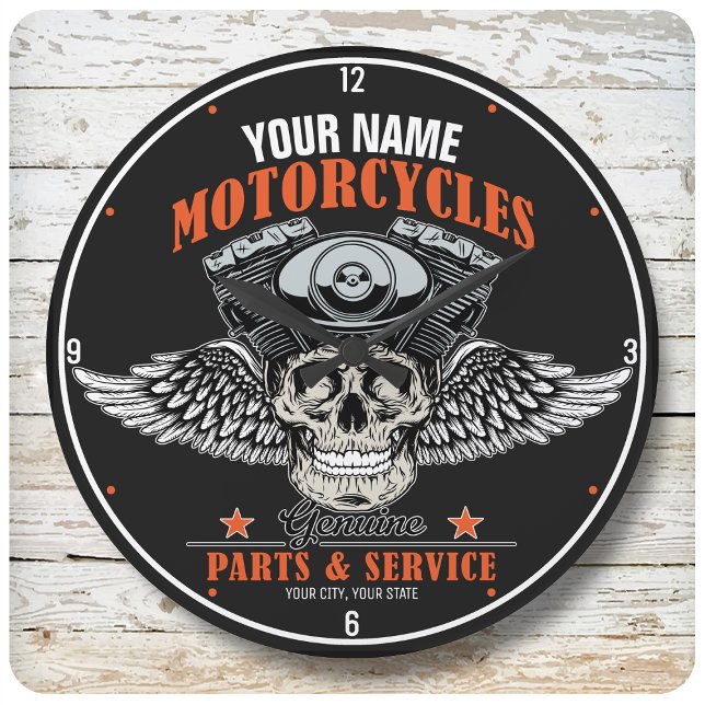 Personalised Biker Flying Skull Motorcycle Shop Large Clock (Creator Uploaded)