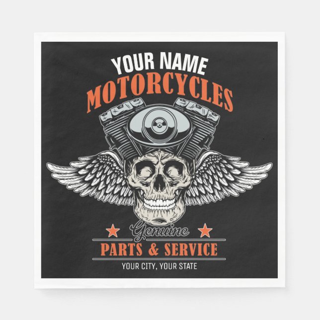 Personalised Biker Flying Skull Motorcycle Shop  Napkin (Front)