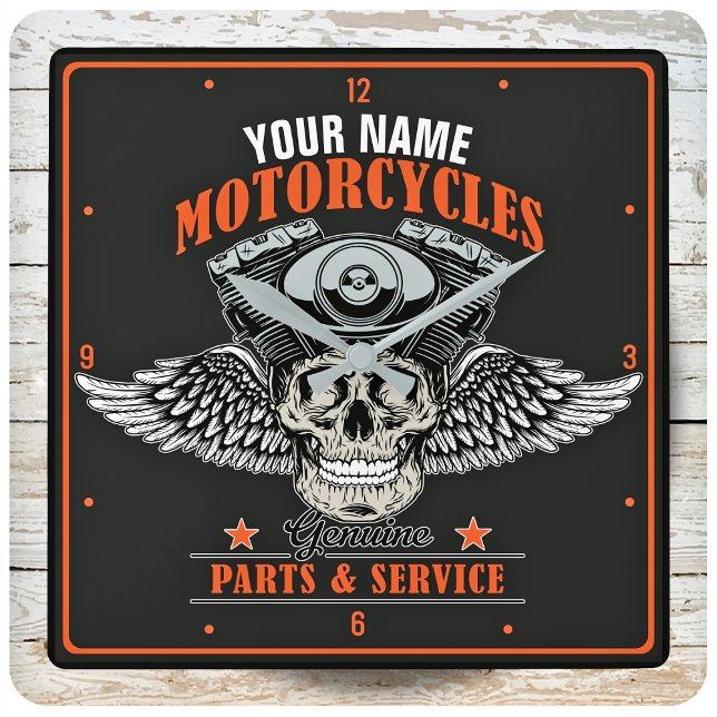 Personalised Biker Flying Skull Motorcycle Shop Square Wall Clock (Creator Uploaded)