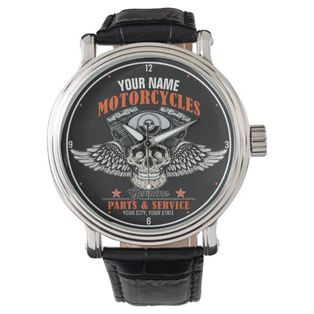 Personalised Biker Flying Skull Motorcycle Shop  Watch (Front)