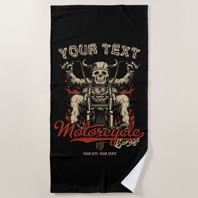 Personalised Biker Skeleton Motorcycle Shop Garage Beach Towel (Front)