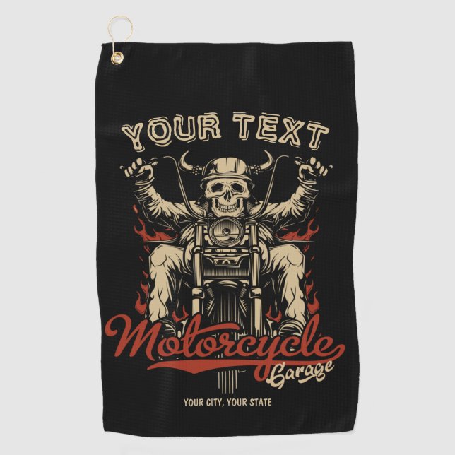 Personalised Biker Skeleton Motorcycle Shop Garage Golf Towel (Front)