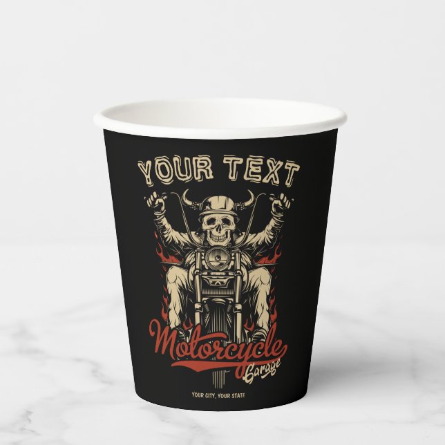 Personalised Biker Skeleton Motorcycle Shop Garage Paper Cups (Front)