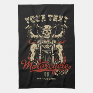 Personalised Biker Skeleton Motorcycle Shop Garage Tea Towel
