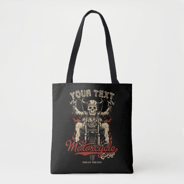Personalised Biker Skeleton Motorcycle Shop Garage Tote Bag (Front)