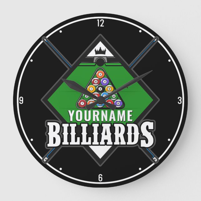Personalised Billiards NAME Cue Rack Pool Room Large Clock (Front)
