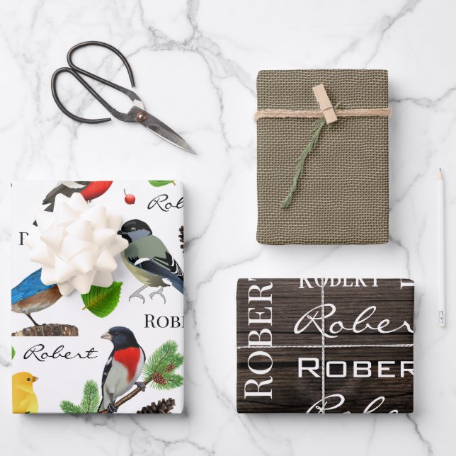 Personalised Birds, Wood & Burlap Wrapping Paper Sheet (Front)