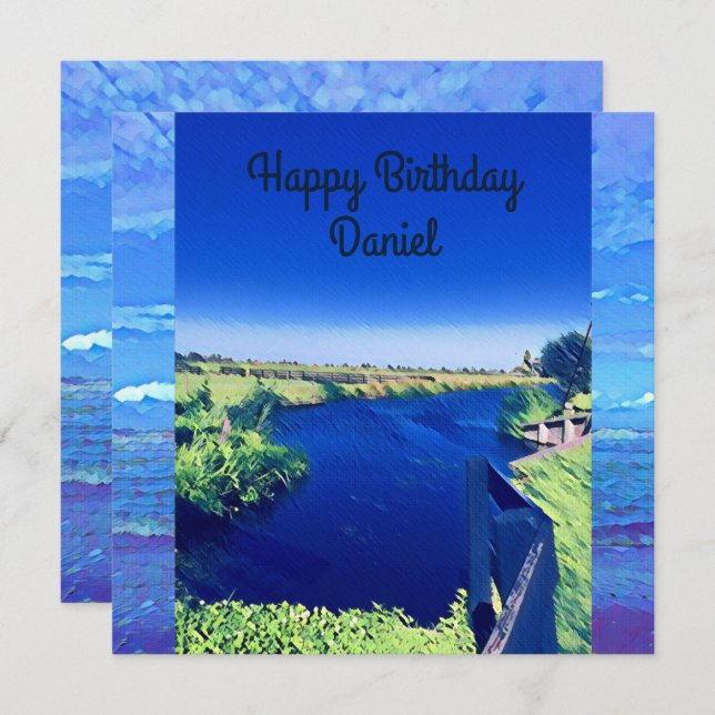 Personalised Birth-Day Blue Canal sky Watercolor  (Front/Back)