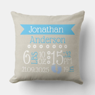 Personalised Birth Day Nursery Cushion Grey & Blue