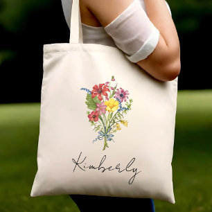 Personalised Birth Flower Cute Floral Eco Friendly Tote Bag