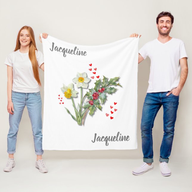 Personalised Birth Flower DECEMBER Narcissus Holly Fleece Blanket (In Situ)