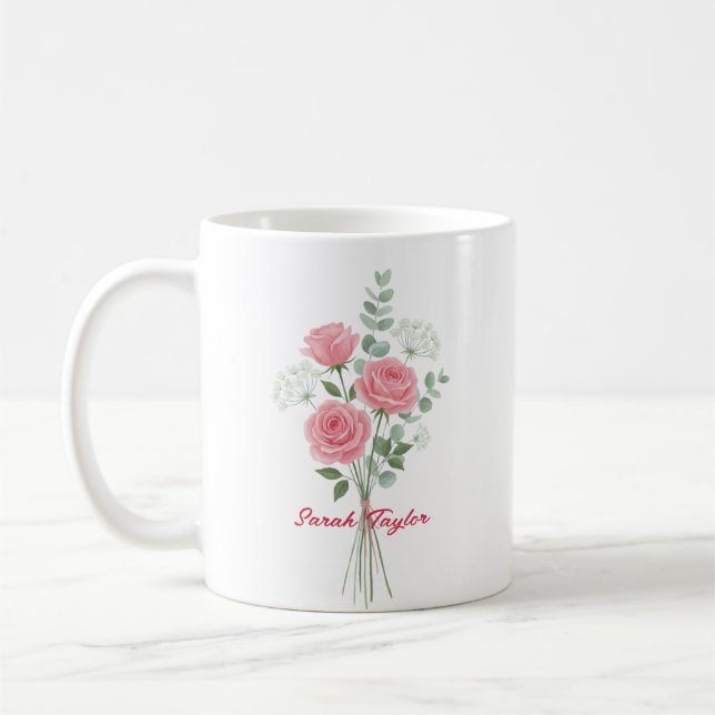 Personalised Birth Flower Pink Rose Custom Coffee Mug (Left)
