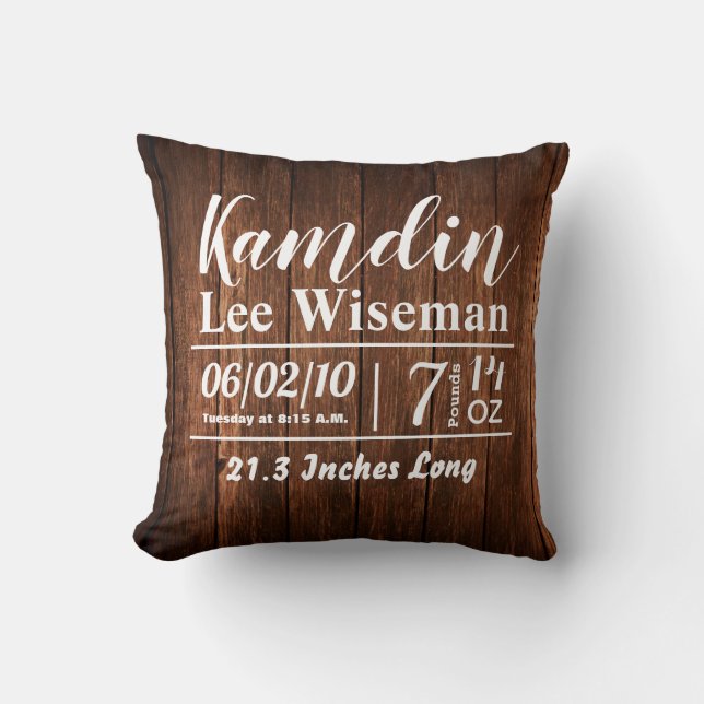Personalised Birth Pillow Barn Wood Country Rustic (Front)