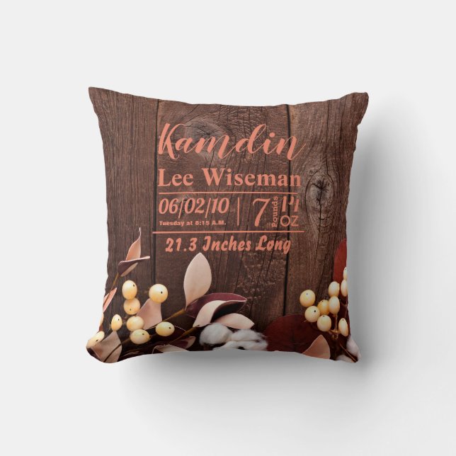 Personalised Birth Pillow Cotton Branch on Dark Wo (Front)