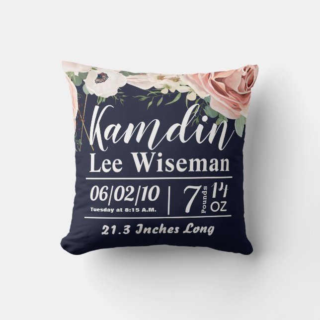 Personalised Birth Pillow Geometric Garden Navy (Front)