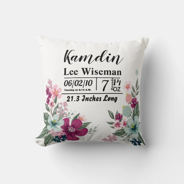 Personalised Birth Pillow Tropical Flower on White (Front)