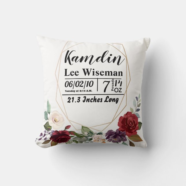Personalised Birth Pillow White Roses Gold Geometr (Front)