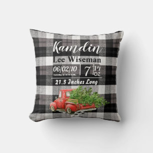 Personalised Birth Pillow XMAS Truck Baffalo Plaid